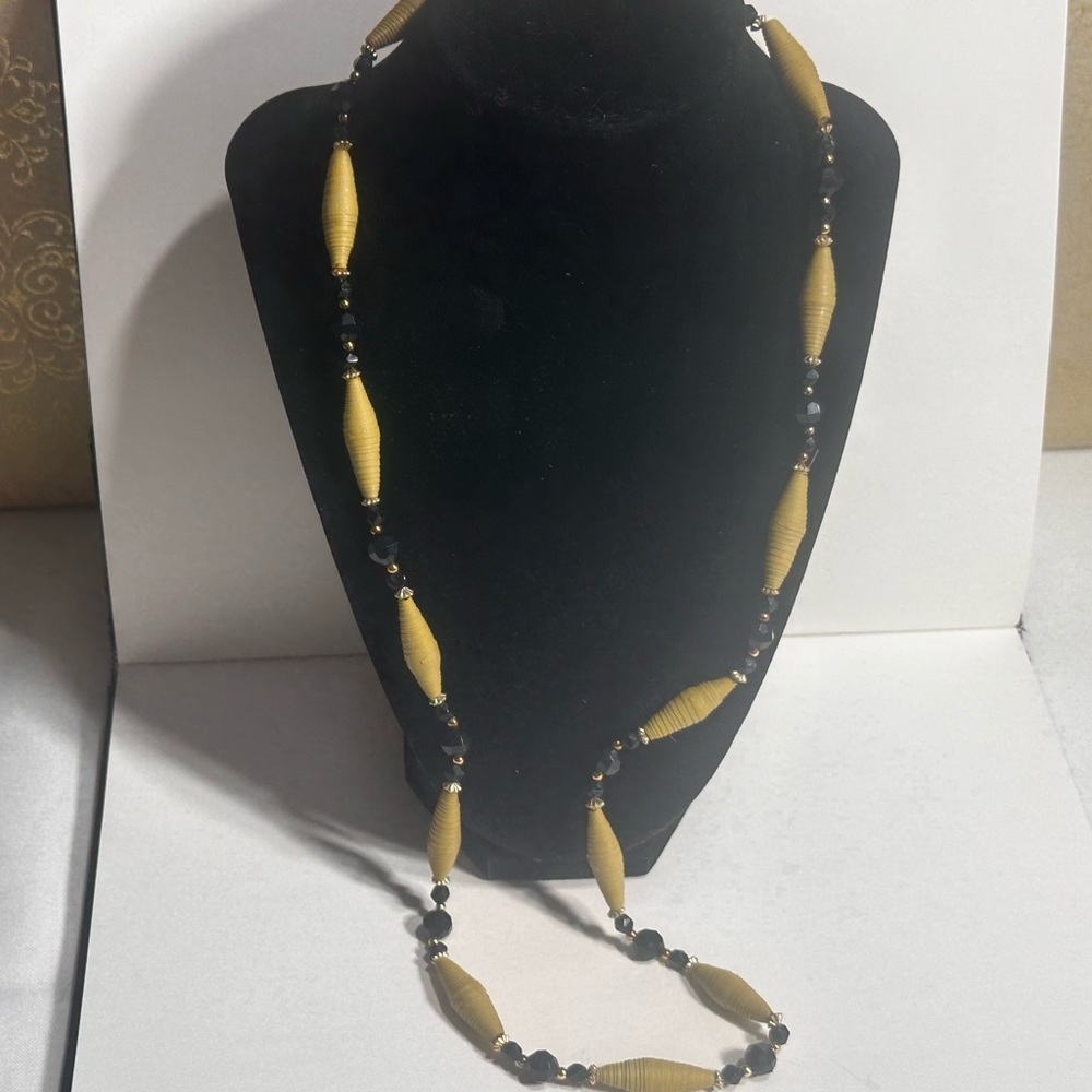 Tribal Artisan Gold Paper & Vintage Black Beaded Necklace